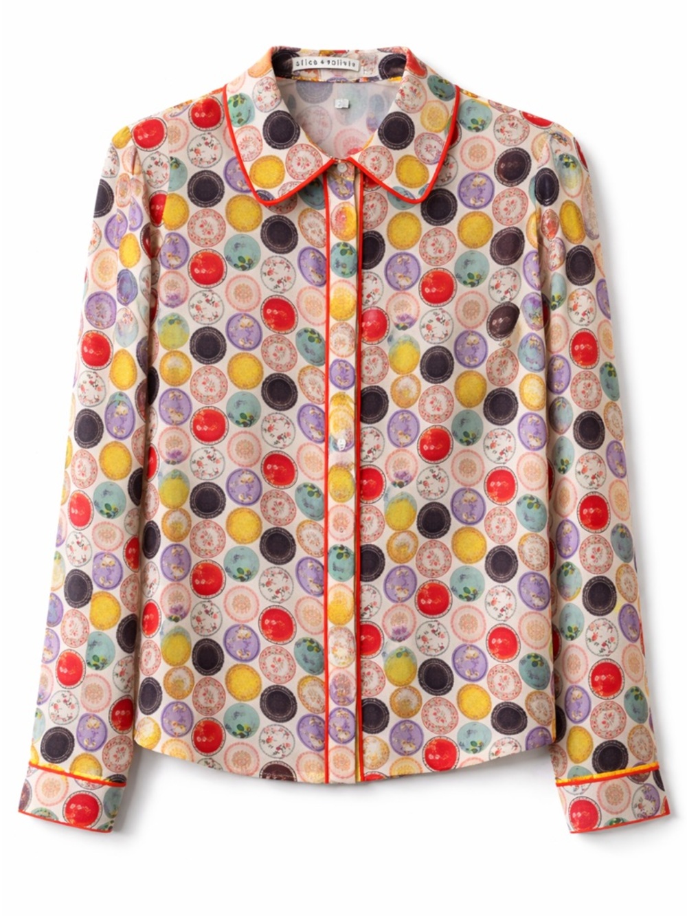 Alice + Olivia Multicolor Polka Circle Silk Blouse with Contrast Piping